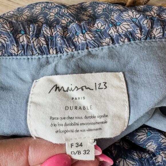 Maison 123 Paris, Blue/Grey Printed Macha Day Dress-Light Puff Sleeve-Size XS/34 - Picture 5 of 9